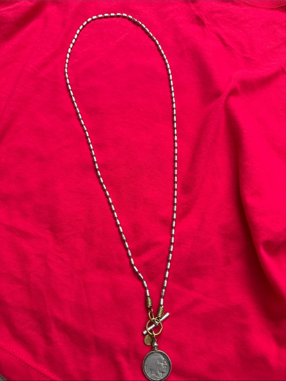 Silver-Tone Beaded Necklace with Coin Pendant - Silver